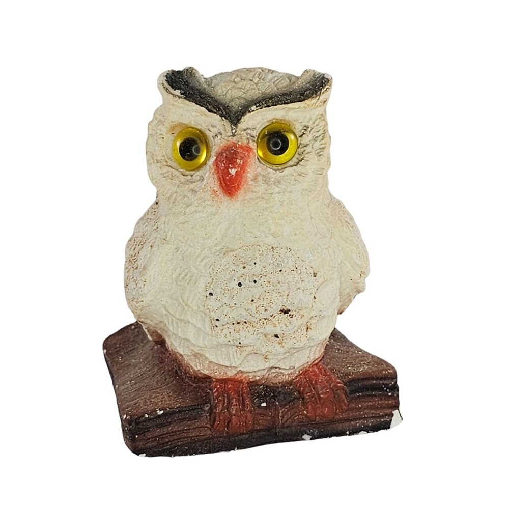 Vintage Alabaster Owl On Book Figurine Yellow Eyes 3.5"